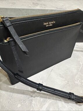 kate spade black saffiano leather messenger crossbody with gold hardware